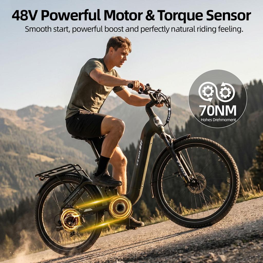 Bicicletă Electrică TTGO E-SUVO Motor 250W Baterie 48V15Ah Autonomie Maximă 120km Anvelope 27.5“ × 2.4” Cadru Suspensie Completă Frâne cu Disc Hidraulice Shimano 7 viteze