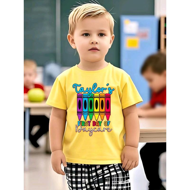 

European Size Boys Round Neck Short Sleeved T Shirt with Cartoon Pattern of A Pen 164cm жовтий