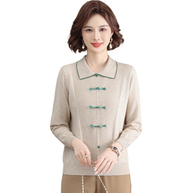 Mom's autumn lapel-neck knitted sweater medium-aged girl's spring and autumn long-sleeved sweater bottoming shirt top