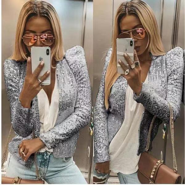 Spring 2026 Stand-up Collar Colorblock Sequin Jacket for Women - European & American Fashion S