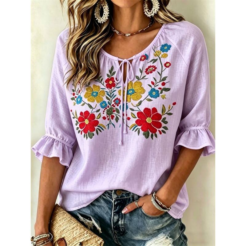 Women's Boho Geometric Tribal Print Tie Front Blouse, Casual Loose Top for Spring Summer Daily Wear