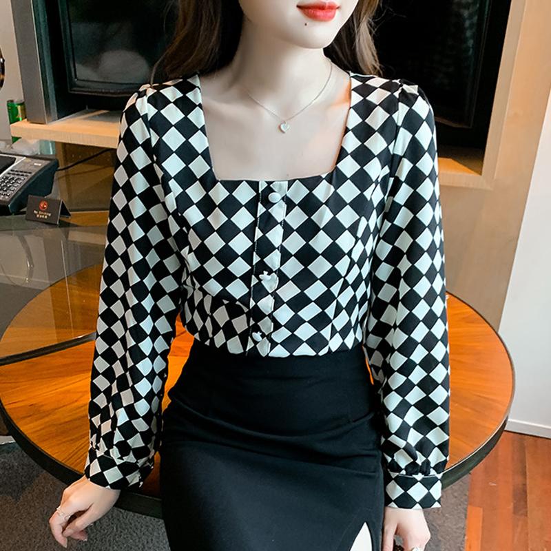 Women Blouses Shirts 2025 Spring Long Sleeve Women Blouse Shirt Square Collar Black Chiffon Blouse Shirt Women Tops J588
