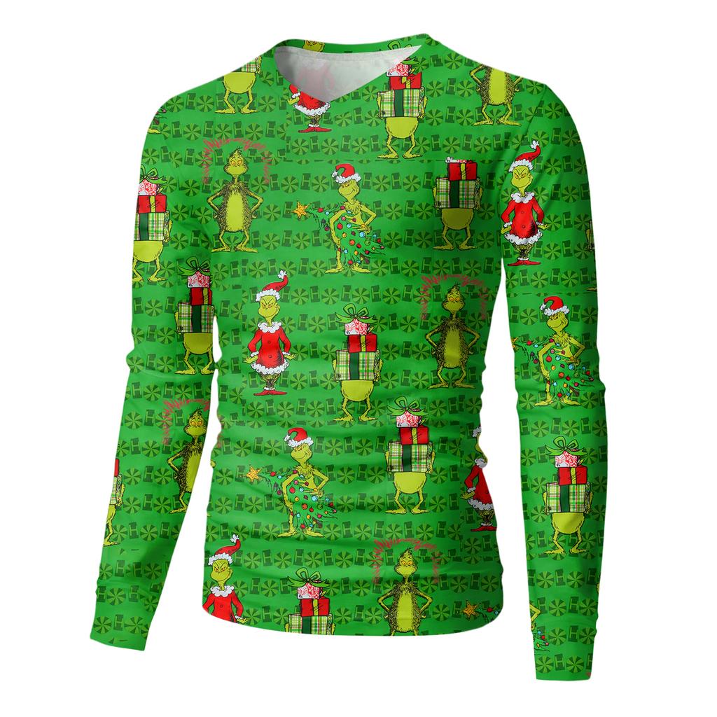 Мужская модная футболка с принтом, V-образным вырезом, повседневная, с длинным рукавом, для ношения под низ, топ