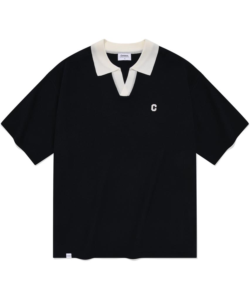 COVERNAT C Logo Open Collar Half Knit Navy