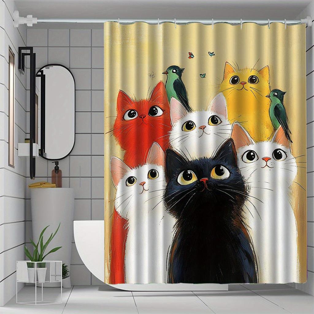 1pc Whimsical Cat Pattern Printed Shower Curtain with Hooks, Window & Wall Access, All-Season Polyester Bath Decor