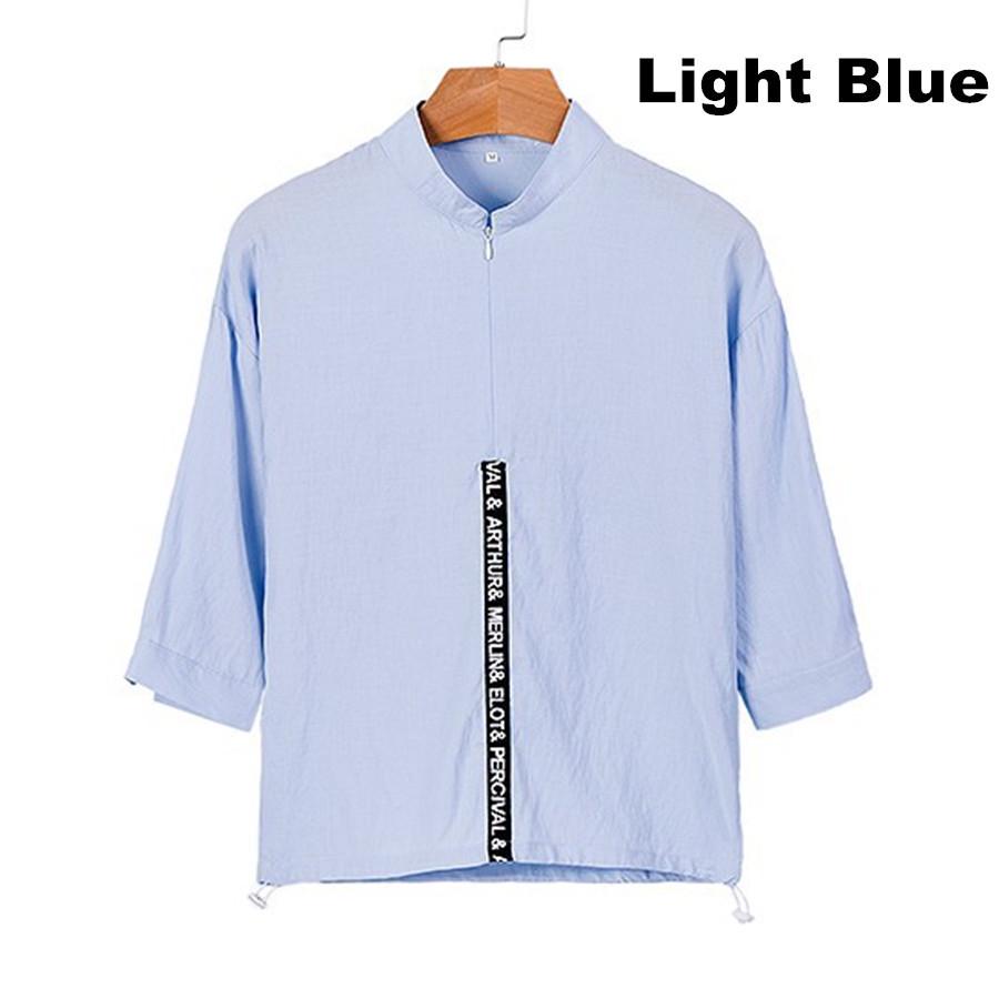 Buy Summer Linen Stand Collar Shirt Men Ribbon Three Quarter Sleeves