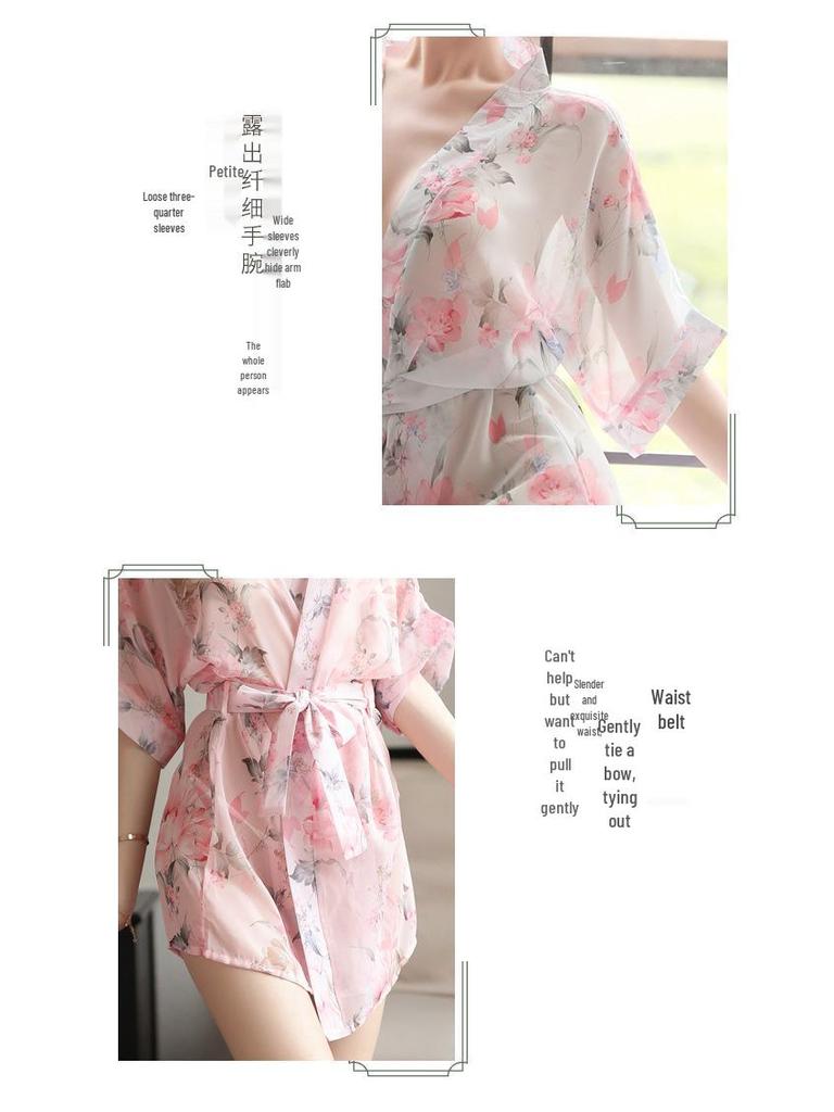 Set Sexy Kimono de Noapte din Șifon Imprimat - Lenjerie Transparentă de Inspirație Japoneză