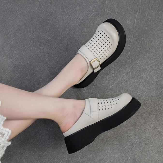 Johnature Sandales pour femmes, semelles épaisses, bout rond, ajourées, respirantes, en cuir véritable