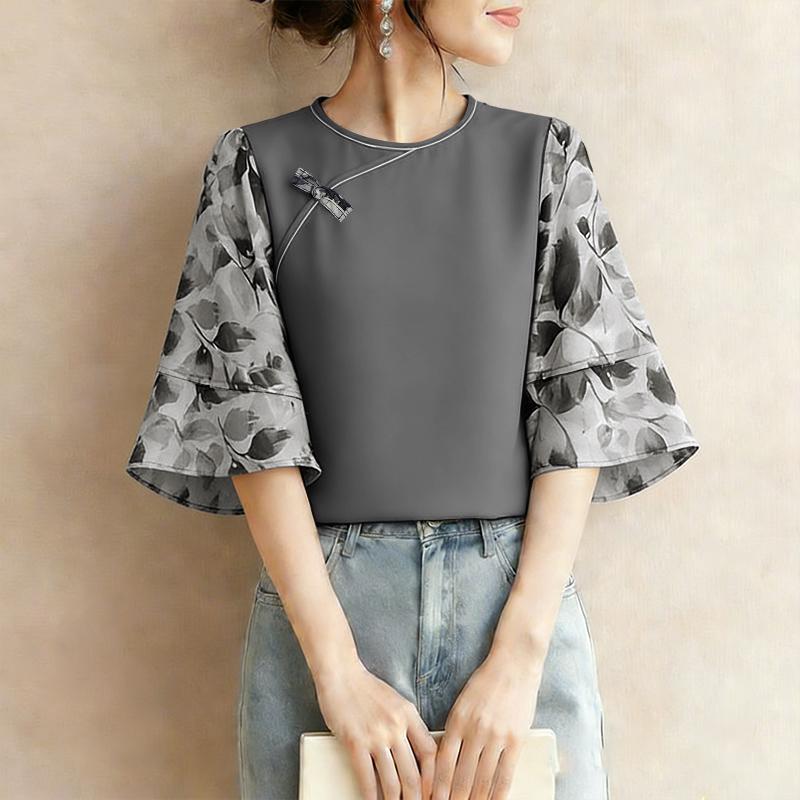 ZANZEA Damen Lässige Rundhals 3/4 Ärmel Locker Patchwork Bluse