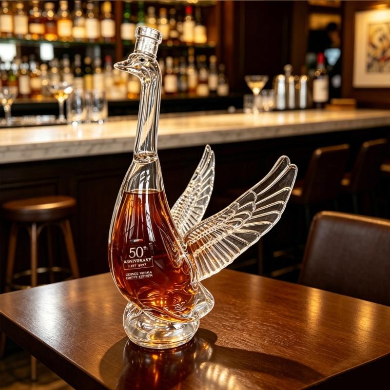 Bird Shaped Glass Whiskeys Decanter Clear Liquor Bottle with Sculptural Wing Detail and Stable Base for Bar Shelf Display Dining Table