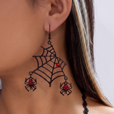 Vintage Black Metal Spider Web Drop Earrings For Women Red Rhinestone Spider Pendant Earring Halloween Cosplay Costume Jewelry
