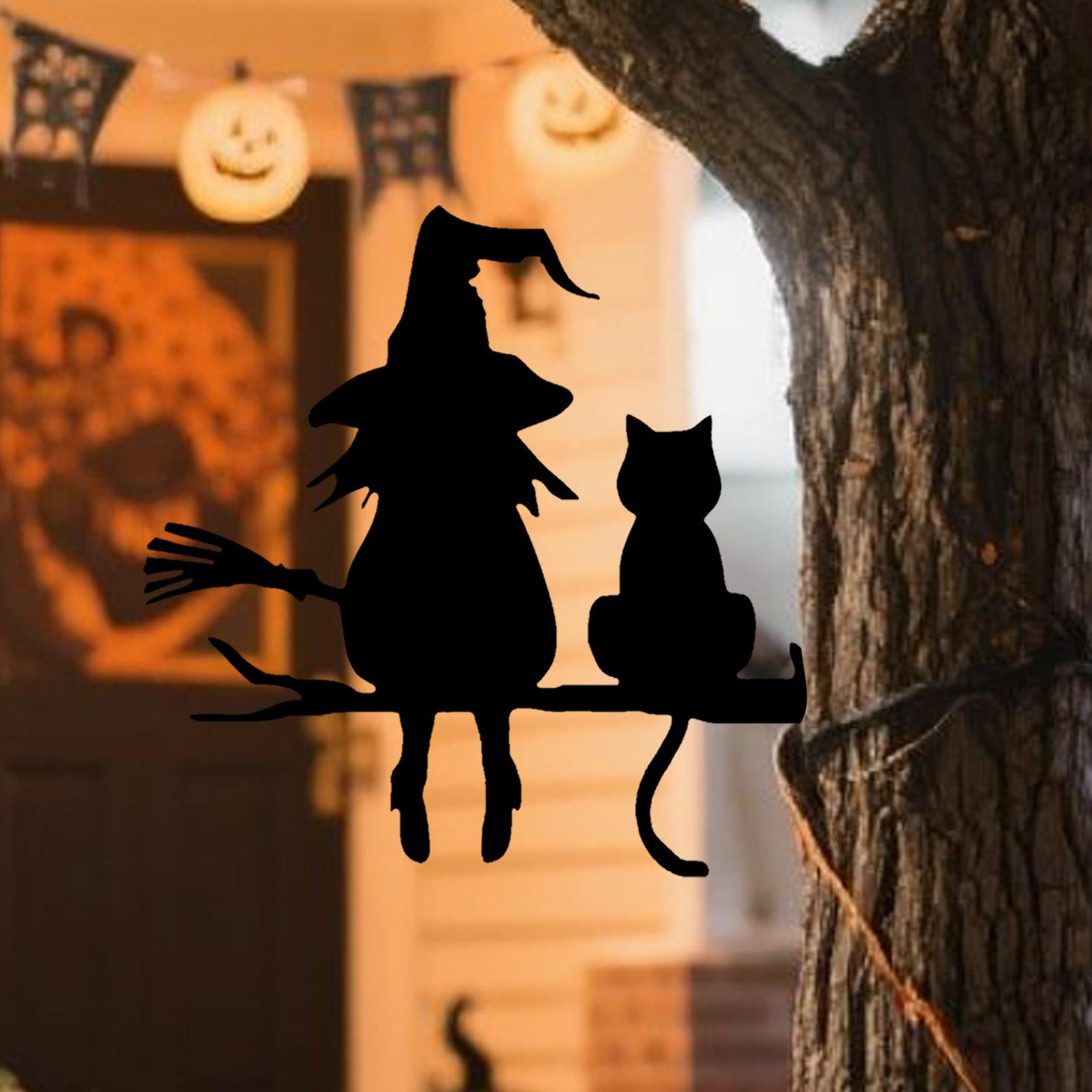 Metal Halloween Silhouette Witch Cat On Branch Garden Outdoor Stakes For Trees Patio Decorations Metal Garden Metal For Yard One Size