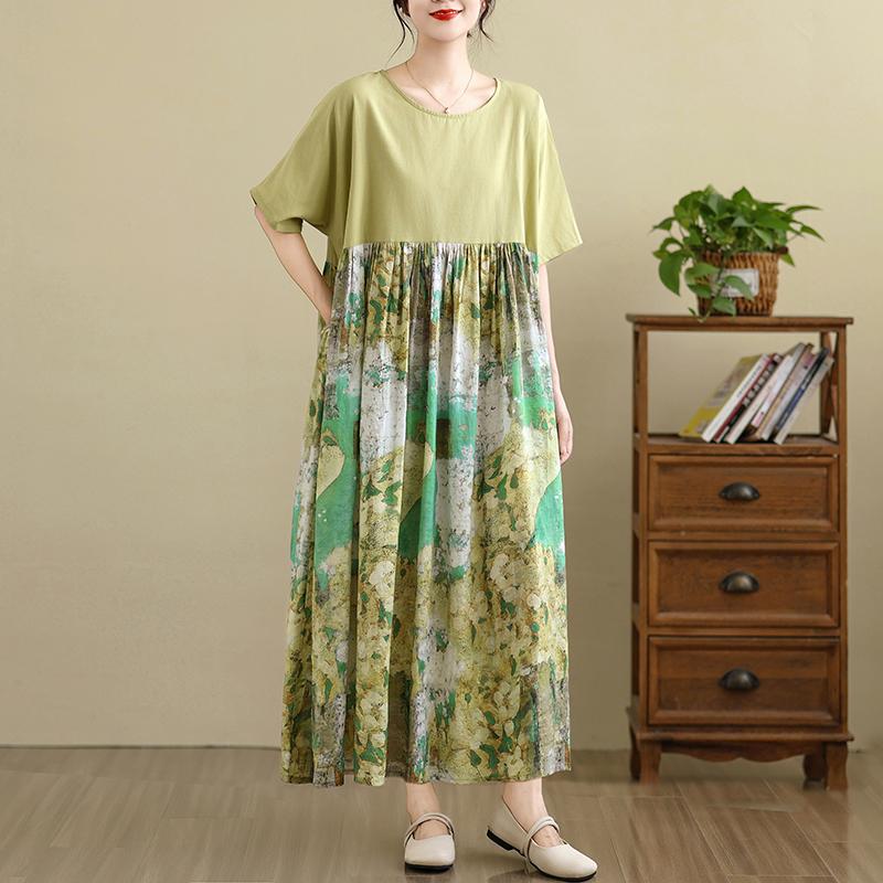 DIMANAF 2025 Women Plus Size Vintage Summer Dress Short Sleeve Casual Basic New Dress Loose Long Dress