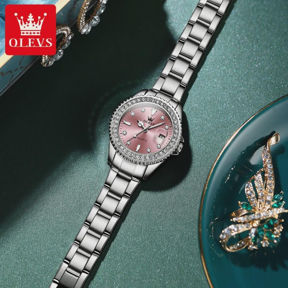 OLEVS Kvartsklokke for kvinner Diamond Dial Luxury Rustfritt stål Vanntett Elegant Dame Mote Topp Merke Dameklokke