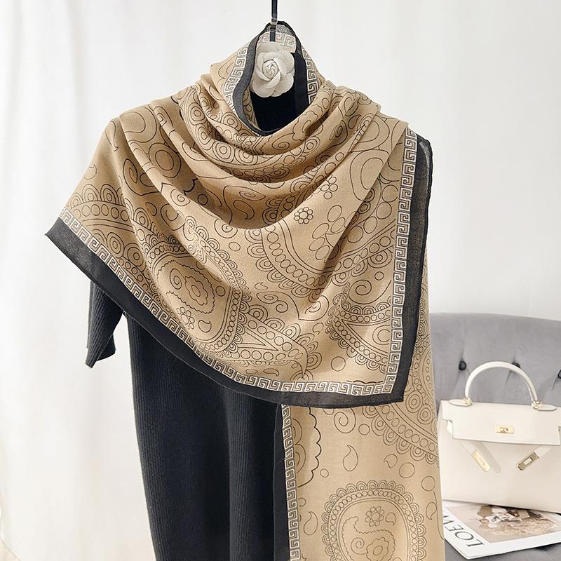 Retro Designer Plant Flower Print Scarf Women's Thin Exterior with Premium Air-conditioned Room Shawl
