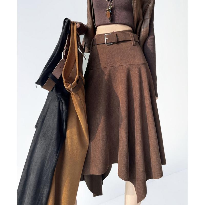 Fustă mini asimetrică vintage din piele întoarsă pentru femei, cu talie înaltă, slim, linie A, fuste midi