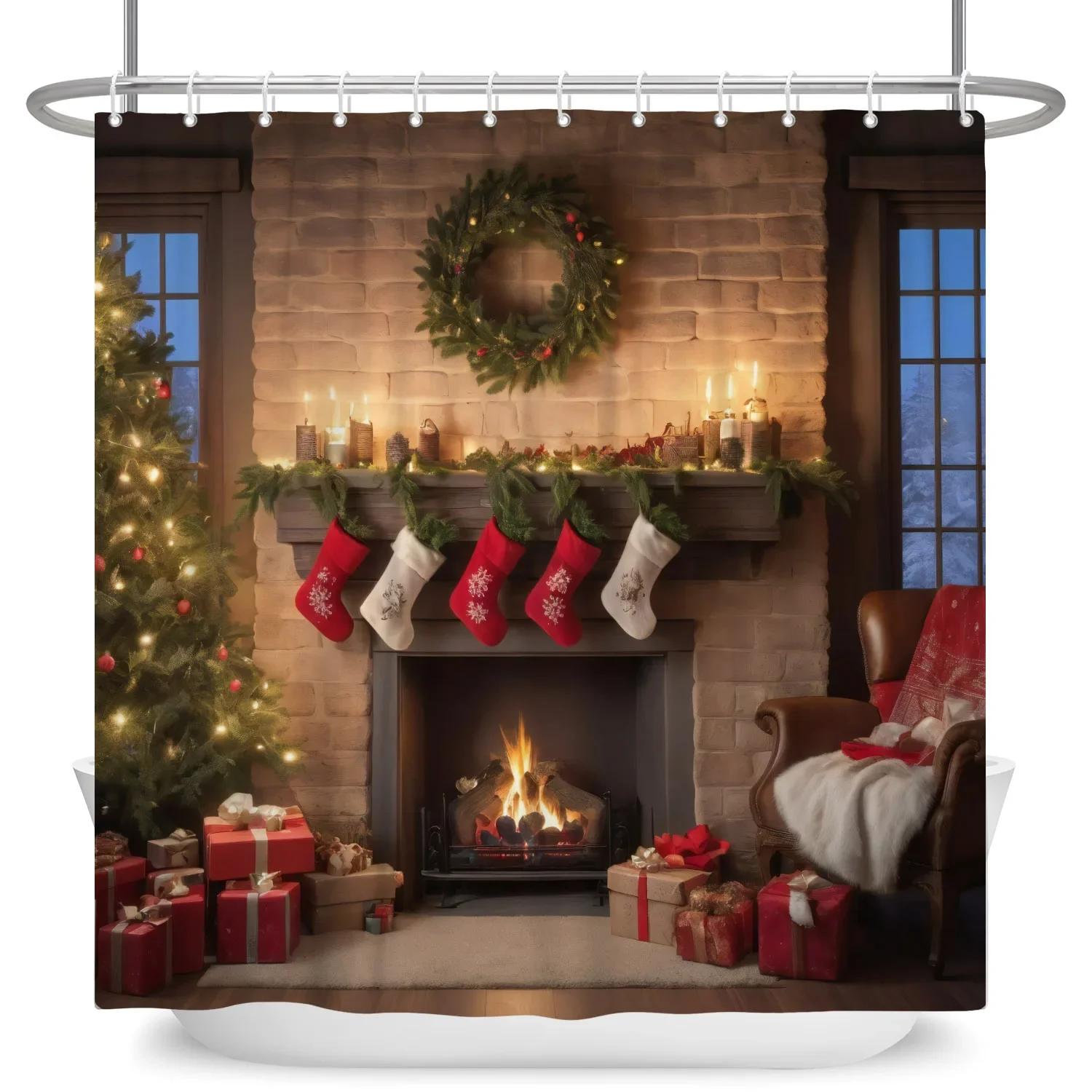 

GAE2025 Merry Christmas Shower Curtains Winter Snowman Gingerbread House Xmas Trees Fireplace Waterproof Bathtub Screen with H 90x180cm
