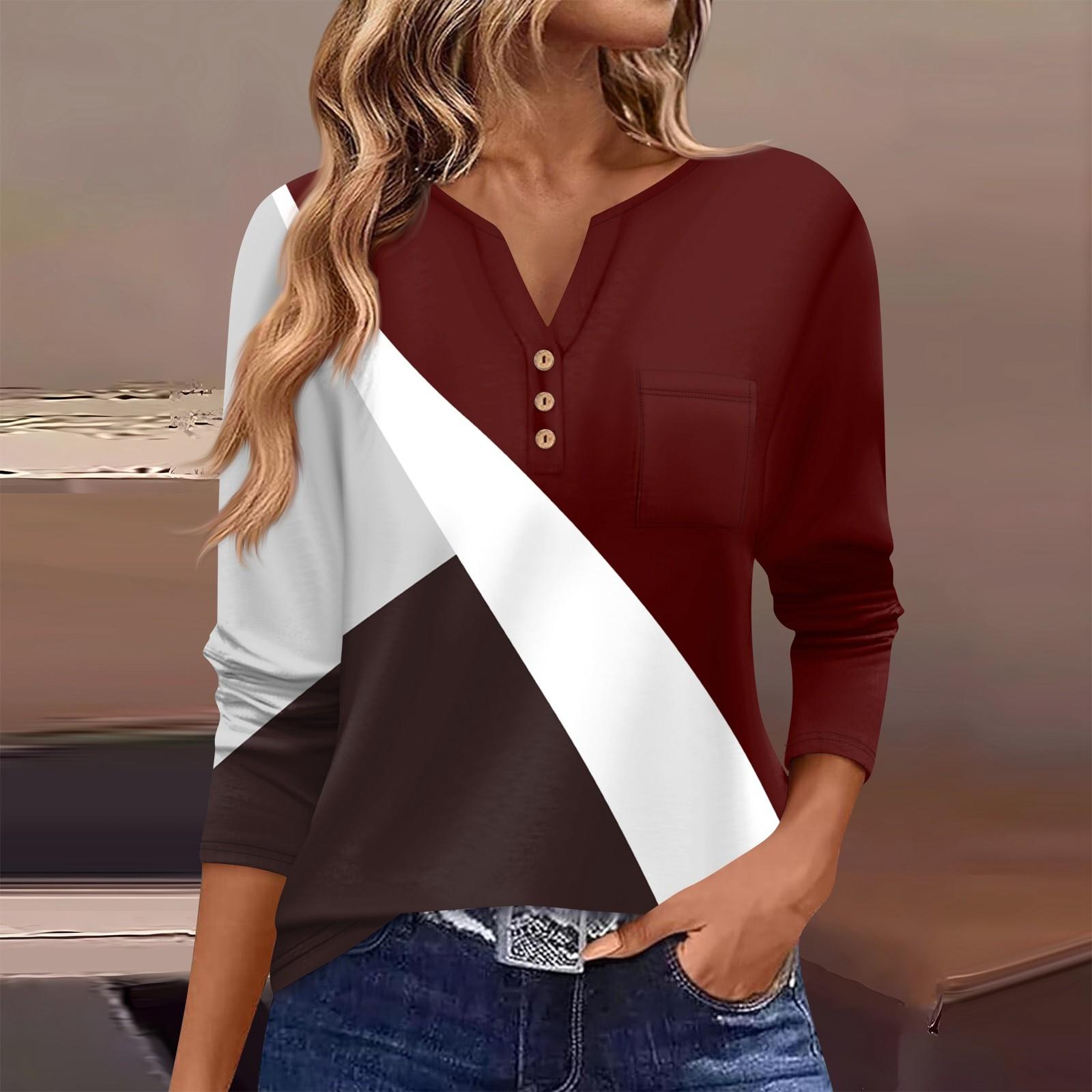 

Женская футболка с длинным рукавом на пуговицах, повседневная, выходного дня, модная, базовая, с V-образным вырезом, обычная, с карманом XL винный