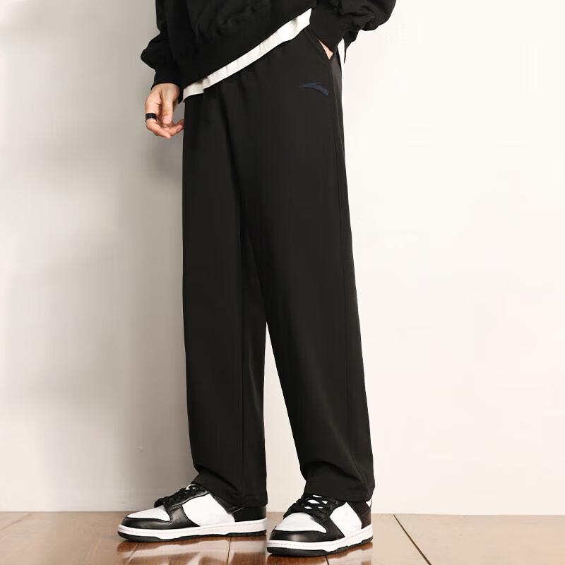 Anta Training Series Solid Color Mid Waist Fleece Straight Leg Casual Pants Men bottoms Basic-Black 952357305-1