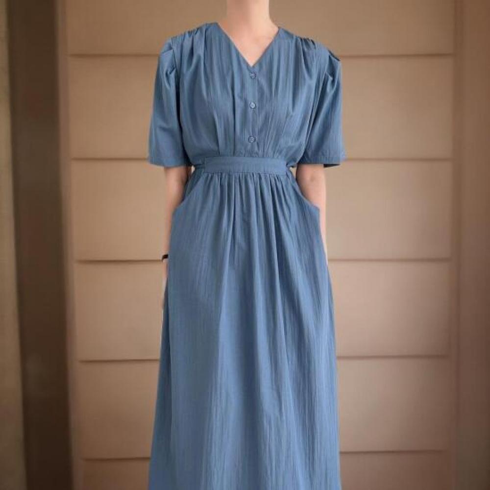 New ArriVals Open Run Women V Neck Button Blue Large Strap Summer Long Dress