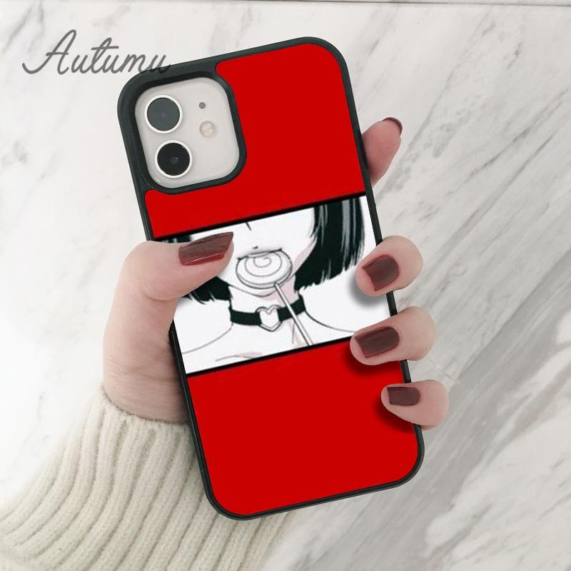 Traurige japanische Anime-ästhetische Telefonhülle für iPhone 11 12 13 14 Pro Max Mini X XR XS SE 2020 6S 7 8 Plus Galaxy S21 S22 Shell