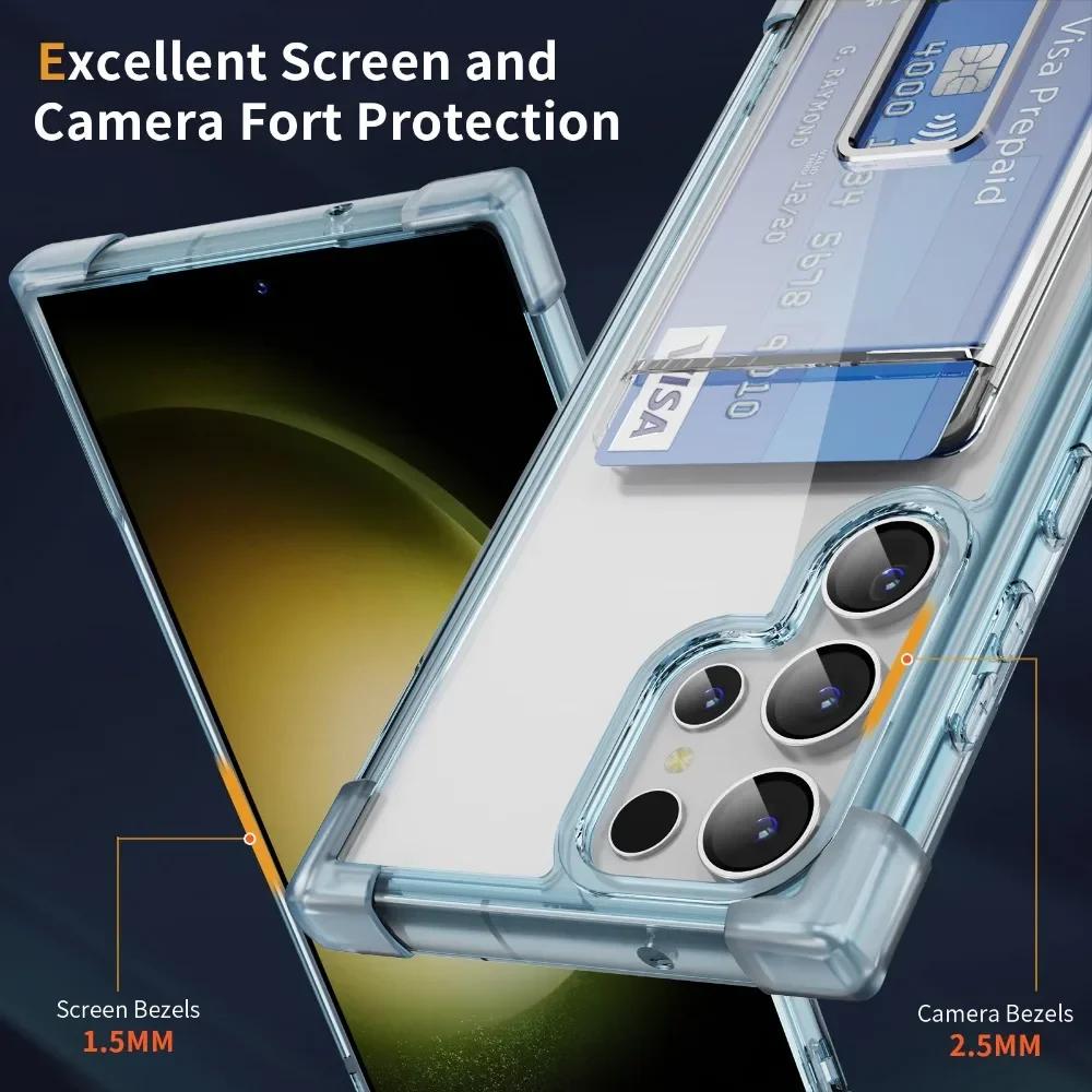 Shockproof Acrylic Card Holder Clear Phone Case for Samsung  S24 Ultra S23 Plus S22 S21Ultra Note 20 Metal Kicstand Bumper Cover