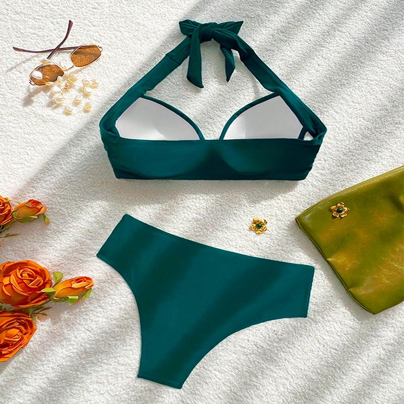 2025 Women's Sexy Solid Color Halter Tie-Up Bikini Swimwear