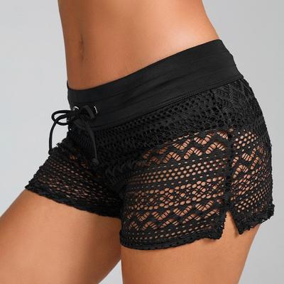 Shorts de Playa de Ganchillo Negro con Encaje para Mujer Cintura con Cordón Transparentes para Nadar