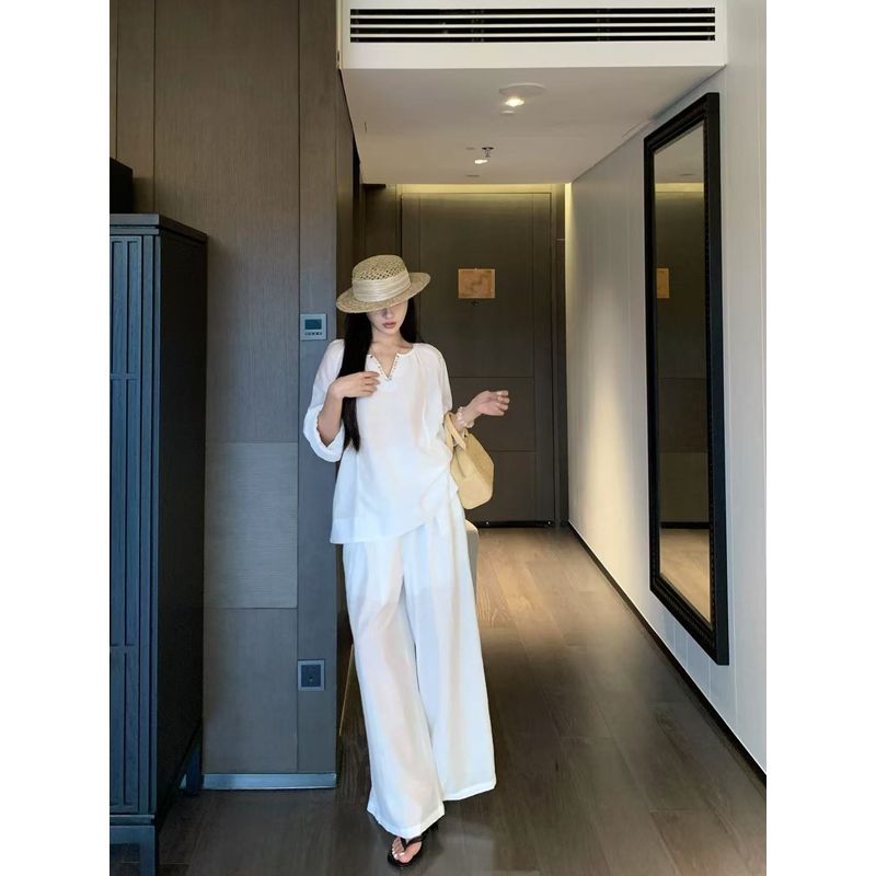 Kumikumi Design Sense Black Pleat Thin Long Sleeve Shirts Women Autumn Slimming Casual Pants Trousers Two-piece Set