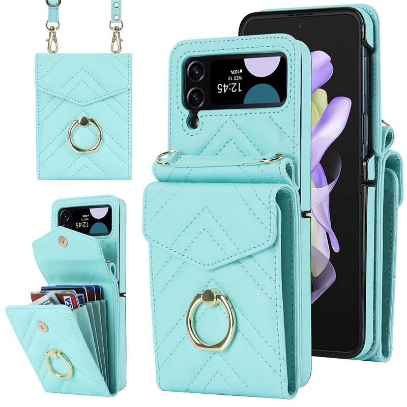 Lanyard Leather Wallet Card Phone Case for Samsung Galaxy Z Flip 7 6 5 4 3 Flip6 Flip5 Flip4 Flip3 Crossbody Ring Holder Cover
