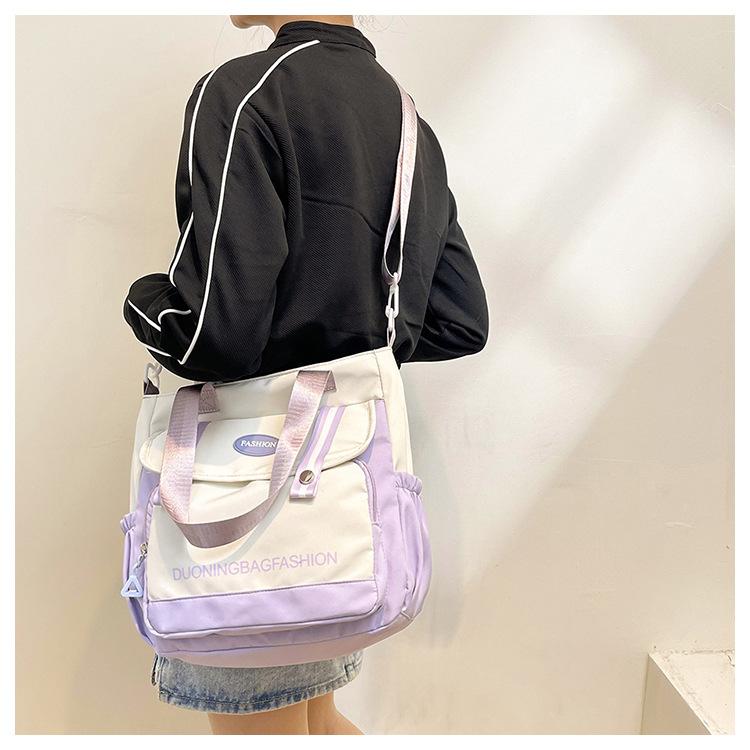 Japanese Style Color Block Canvas Tote Bag for Students, Large Capacity Book Shoulder Bag with Handles, Casual School Commute Handbag
