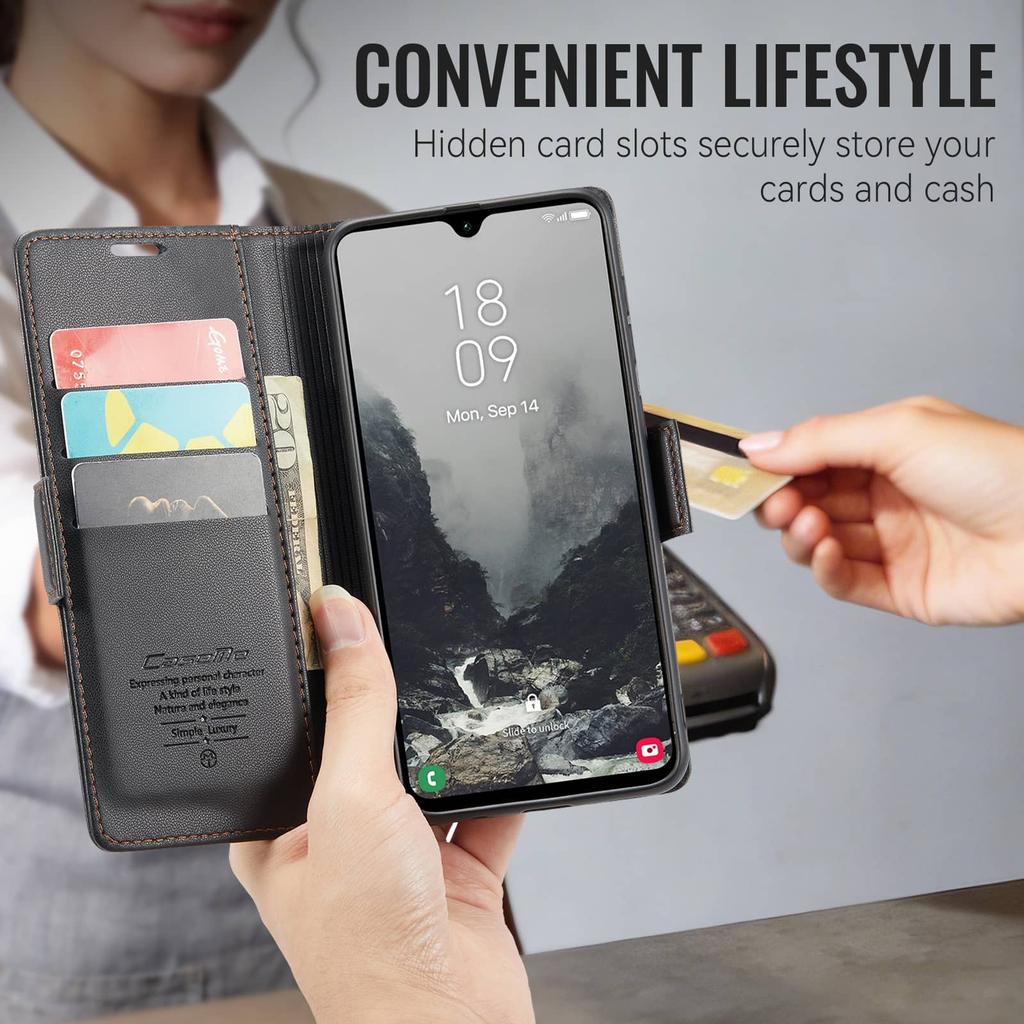 Magnetic Wallet Case for Samsung Galaxy A27, PU Leather Flip Cover, RFID Blocking Card Holder, Kickstand, Shockproof Slim Case