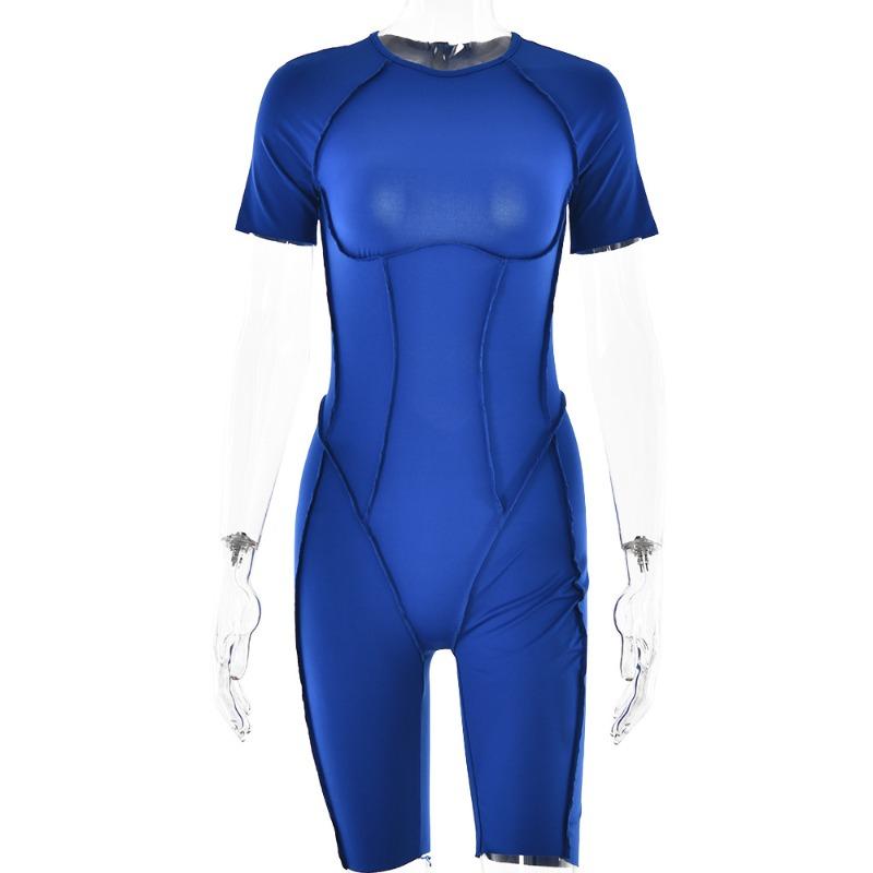 

Spring new hot-selling women s clothing sexy casual short-sleeved solid-color halter high-waisted slim-fit jumpsuit shorts S синий