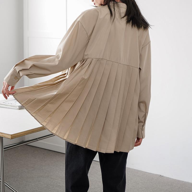 Spring Loose Solid Color Pleated Shirt, Women's Medium and Long Bottoming Shirt