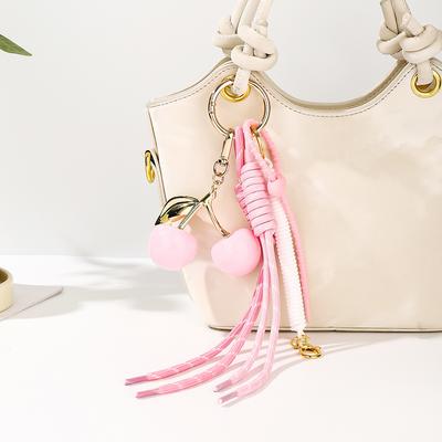New In Pink Cherry Bag Charm Braided Rope Woman Fashionable Keychains For Bags Pendant Accessories Gift