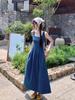 Blue Sleeveless Denim Tube Top Dress for Women Spring Summer New Style Square Neck Slim Fit French Style Long Dress