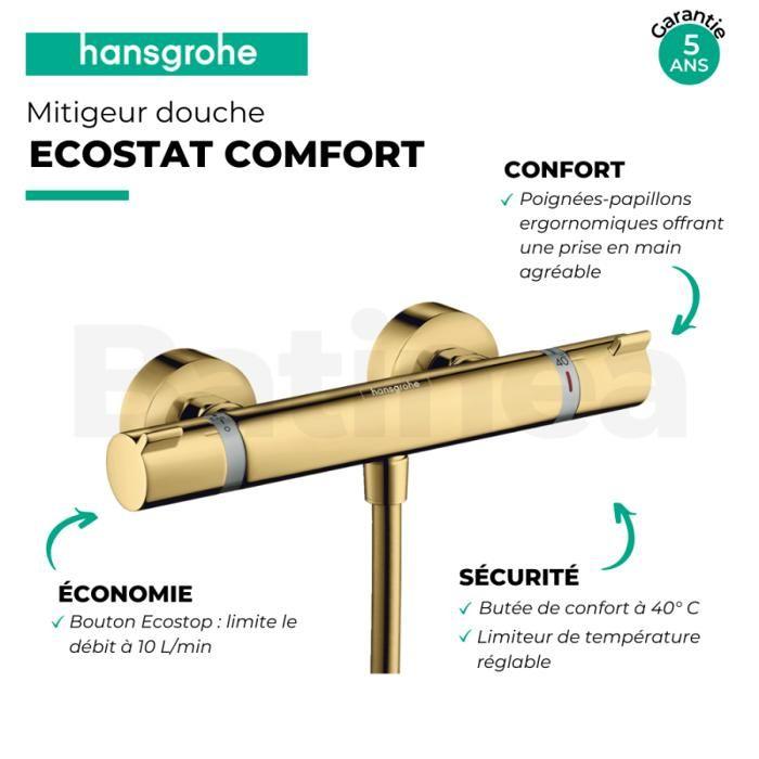 Mitigeur Douche Thermostatique - HANSGROHE - Ecostat - Aspect Doré Poli - 2 Trous - Métal Brillant
