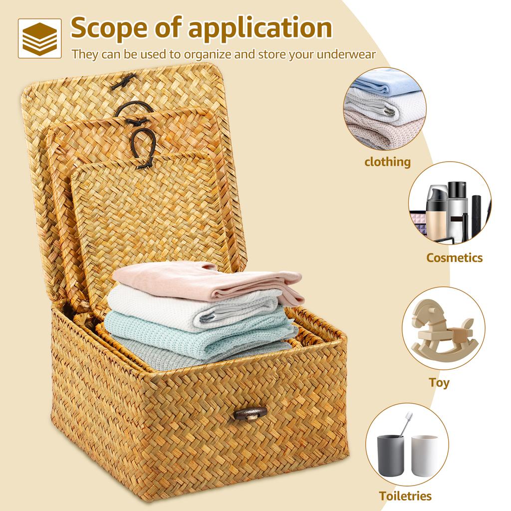 3Pcs Rectangular Woven Storage Basket with Lid  Processed Hay Handmade Shelf Basket Stackable Woven Basket Bin Desktop Organizer