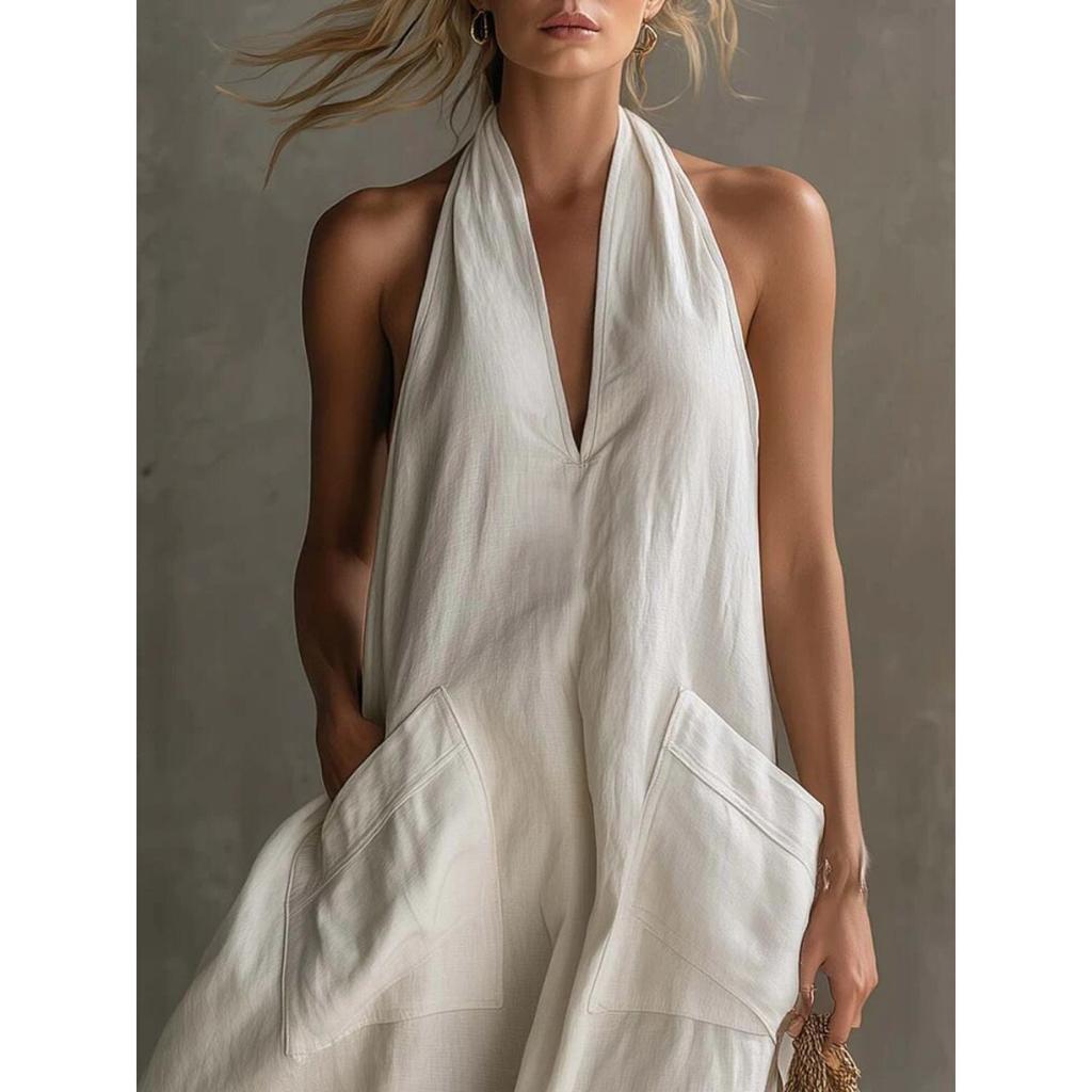 Nuevo Vestido de Verano Casual Vintage de Lino para Mujer, Vestido Midi sin Mangas con Escote en V y Bolsillo de Parche para Vacaciones