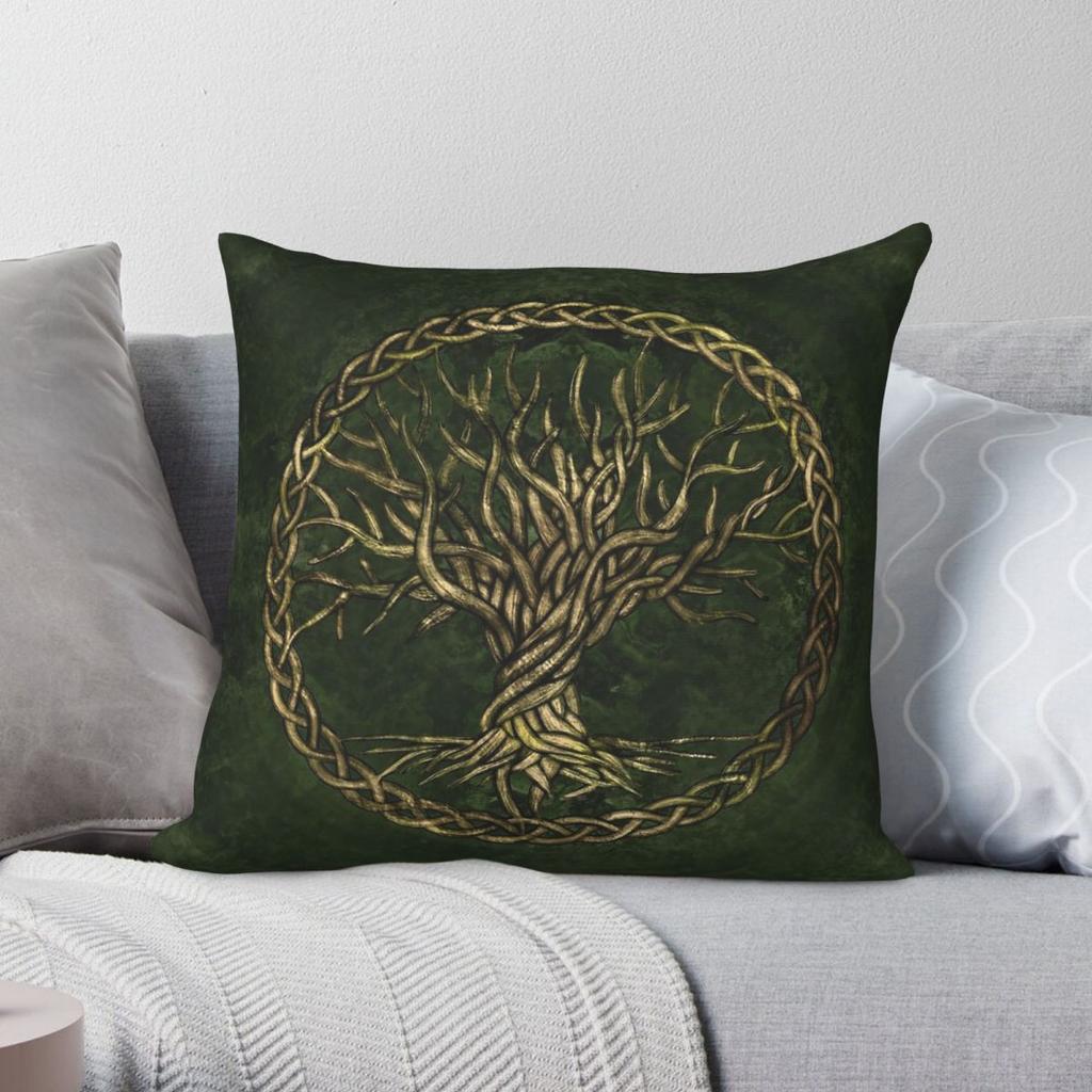 Lebensbaum Yggdrasil Grün Gold Quadratisch Kissenbezug Polyester Leinen Samt Kreativ Reißverschluss Dekoration Kissenhülle Sofakissenbezug