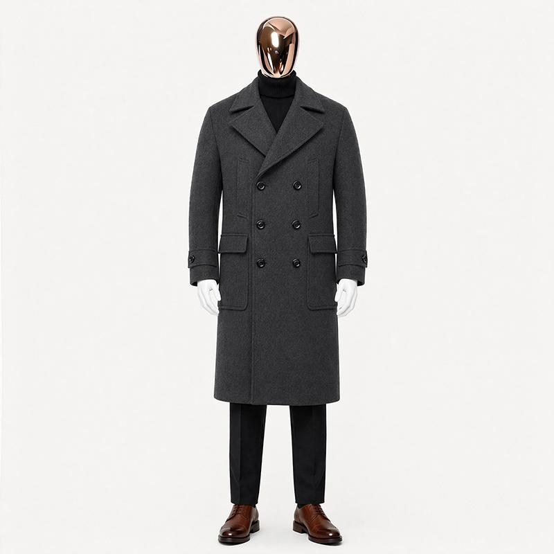 Herren Premium Wollmischung Zweireihiger Langer Peacoat