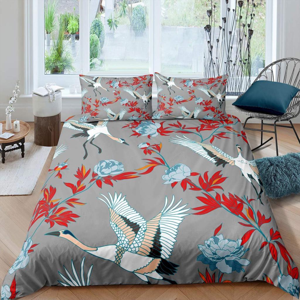 Comforter Crane Queen Size Japanese-Style Bedding Set Cherry Blossoms Pattern Women Girls Japanese Traditional