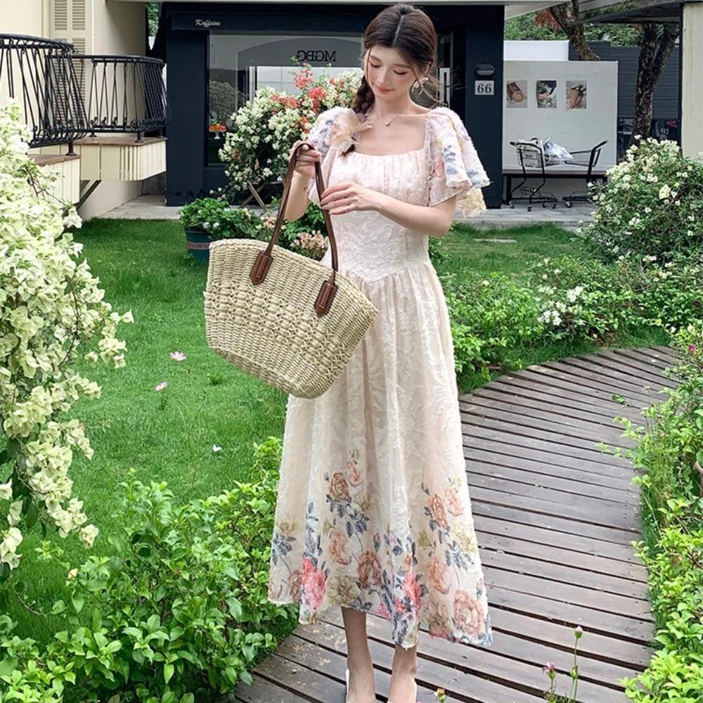High Quality Chiffon Embroidered Print Square-Necked Summer Dress for Women Fashion Vacation Flying Sleeve Slimming Midi Dress
