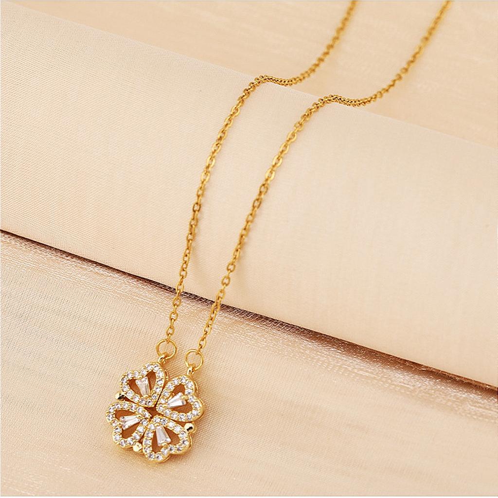 Two-wearing Heart-to-heart Four-leaf Clover Pendant Necklace Female Opening and Closing Folding Creative Clavicle Chain