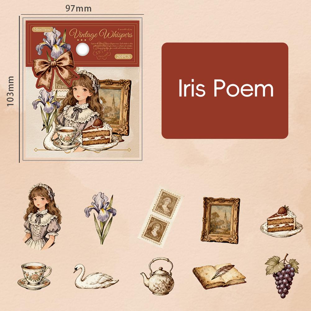 

20Pcs/Lot Retro Whispers Series Vintage Stickers Kawaii Junk Journal Scrapbooking Collage DIY Craft Decorative Stationery Stickers Iris Poem
