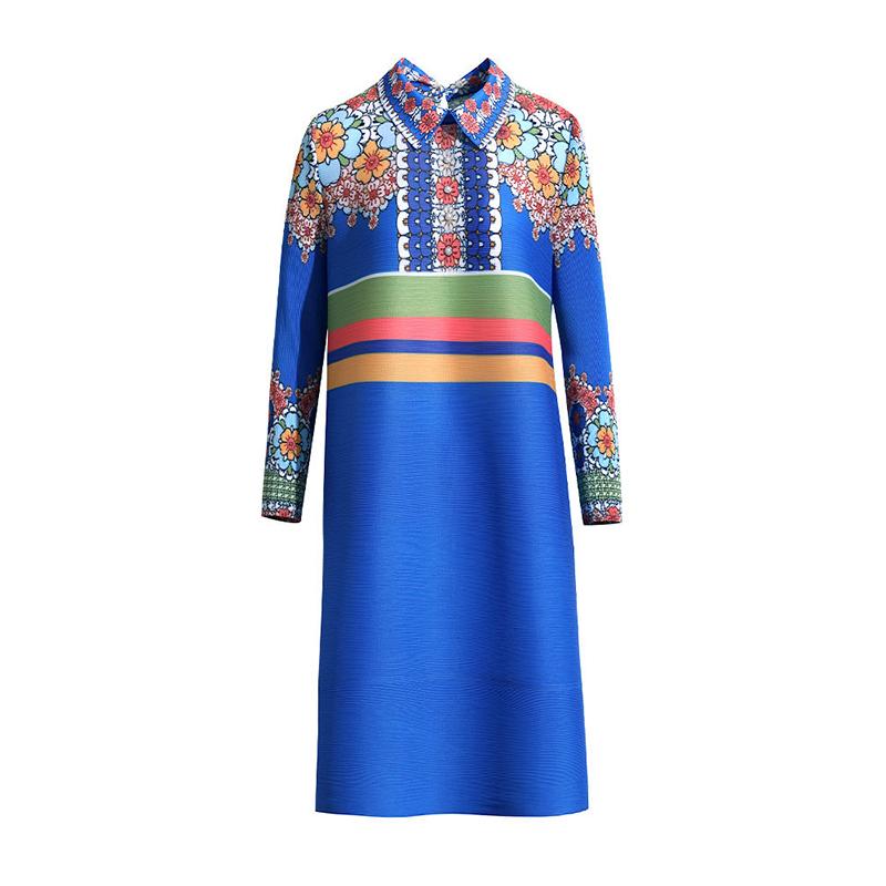 Design inspired printed dress, spring dress, women's new style, stylish lapel pleated loose fitting dress
