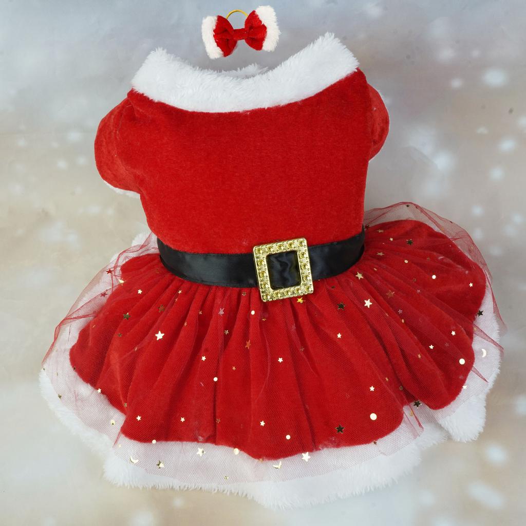 Festive Dog Dress Santa Claus Costume Red Mesh Skirt Christmas Gold Velvet Fabric Pet Clothing Party Birthday New Year Dress Up