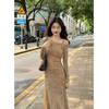 New Autumn and Winter Sexy Slanted Shoulder Long-sleeved Dress Women's Waist and Thin Slim Temperament Long Dress Picture Color