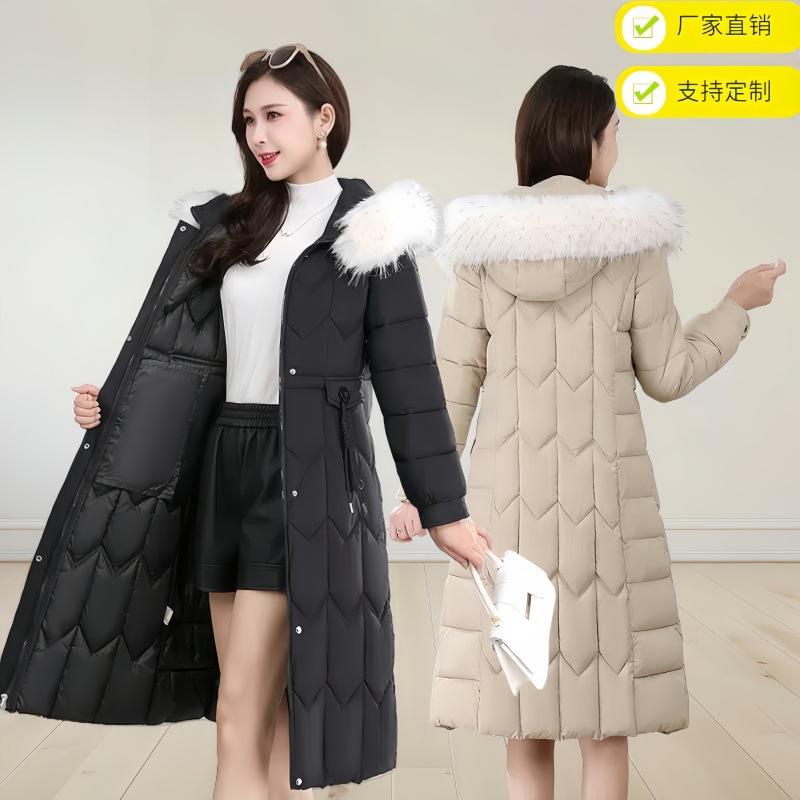 Down cotton-padded clothes women's long models, new waist cotton-padded clothes, slim and thin, knee-thickened cotton-padded jackets