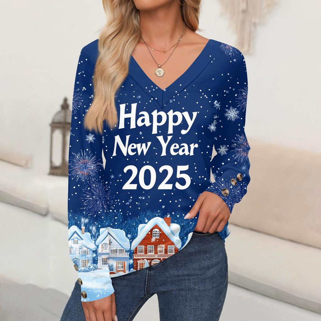 Damenmode Lässig Langarm Weihnachten Bedruckt V-Ausschnitt Pullover Top